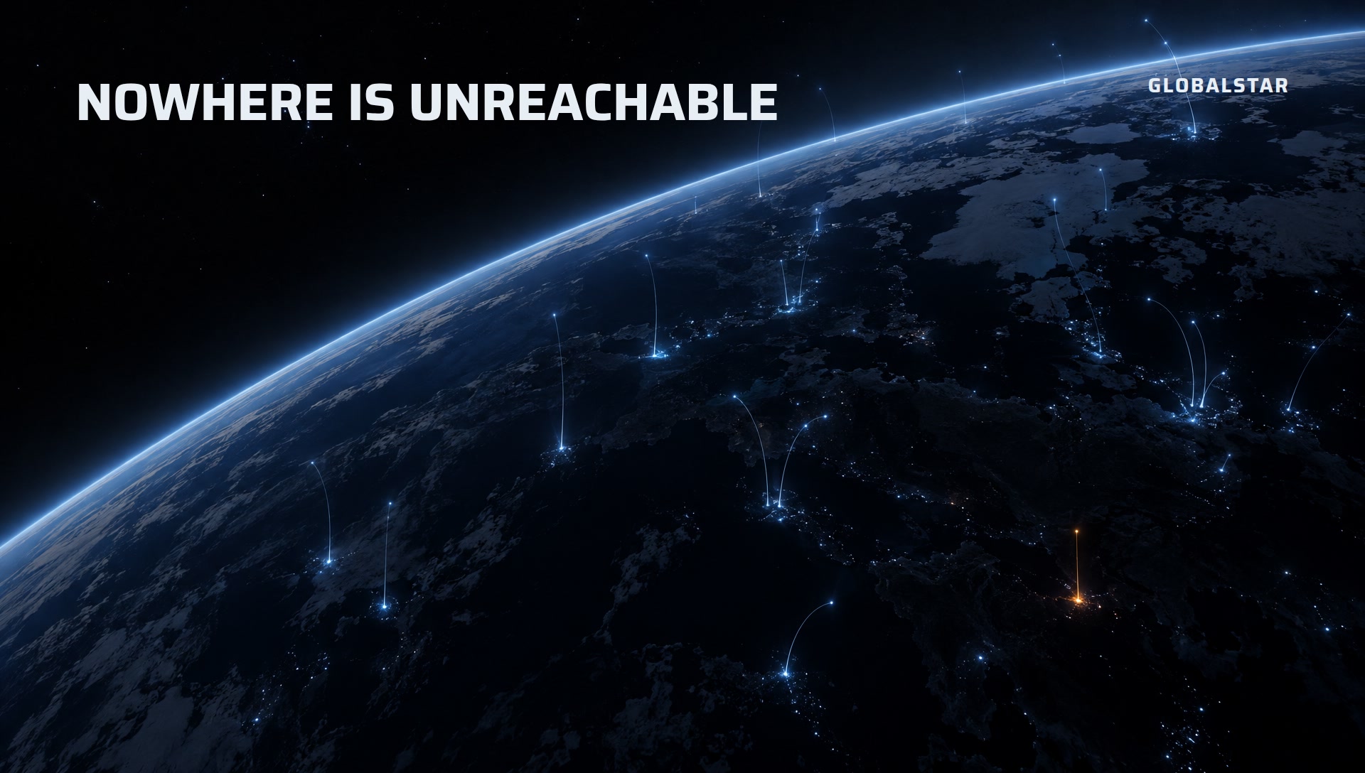 The night earth from orbit with thin signals rising to the stars